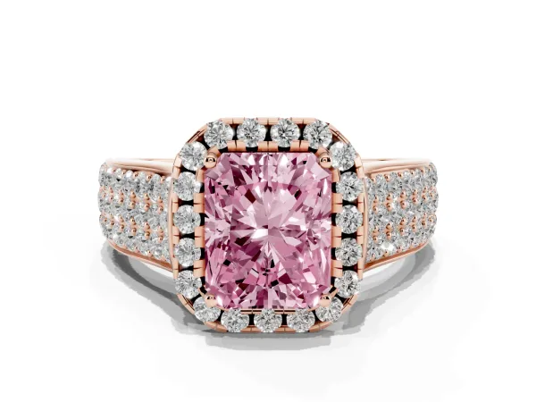 Fancy Pink Radiant Cut Halo Round Diamond Pave Band with Prong Setting Rose gold