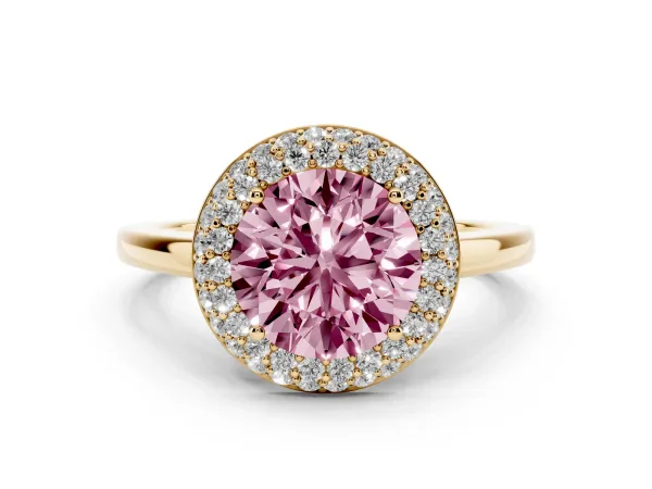 Fancy Pink Round Cut Halo Diamond Engagement Ring with Solitaire Band and Four-Prong Setting Yellow gold