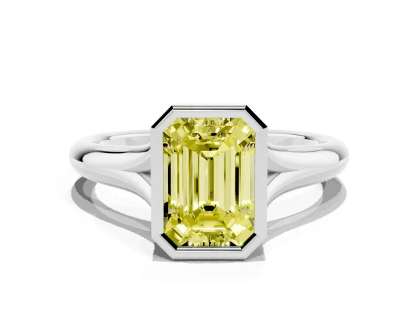 Fancy Yellow Bezel Set Emerald Cut Solitaire Diamond Ring with Smooth Band Platinum