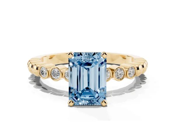 Fancy Blue Emerald Cut Solitaire Bezel Accent Diamond Engagement Ring with Beaded Band and Four-Prong Setting Yellow gold