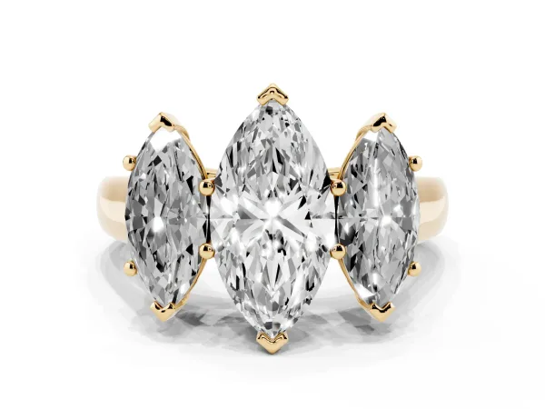 Marquise Cut Three-Stone Diamond Ring with Prong Setting on a Classic Band Yellow gold