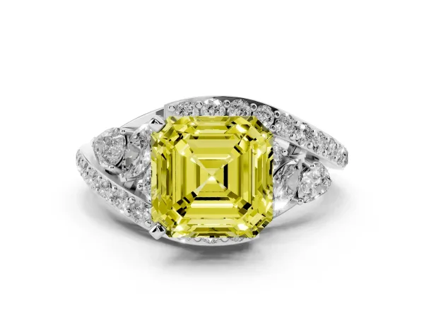 Fancy Yellow Asscher Cut Diamond Halo Ring with Marquise and Pavé Band in Prong Setting White gold