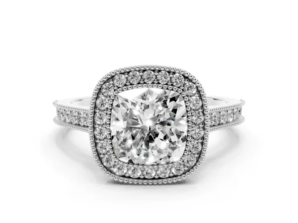 Halo Cushion Cut-Cut Diamond Pave Band Milgrain Prong Setting Ring White gold