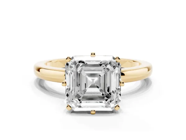 Asscher Cut Solitaire Diamond Ring with Six-Prong Setting on a Classic Band Yellow gold