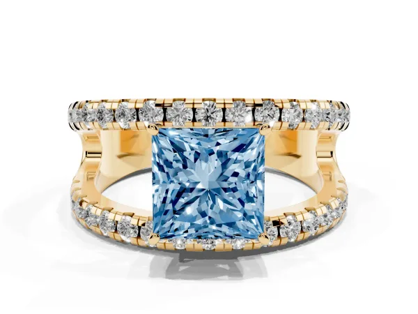 Fancy Blue Princess Cut Solitaire Split Shank Pave Diamond Ring Yellow gold