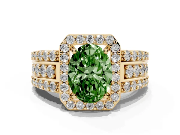 Fancy Green Oval Cut Halo Diamond Ring with Round Split Shank and Prong Setting Yellow gold