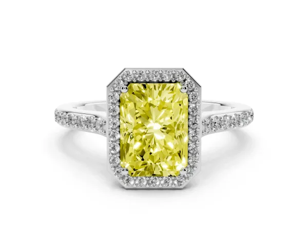 Fancy Yellow Radiant Cut Diamond Halo Engagement Ring with Round Pavé Shoulders and Prong Setting Platinum