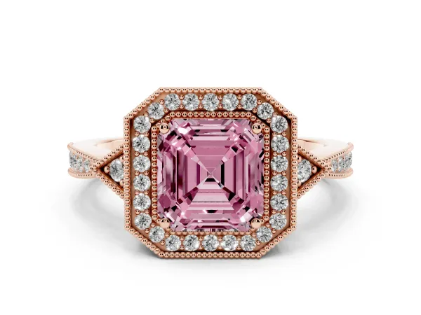 Fancy Pink Asscher Cut Halo Round Diamond Milgrain Pave Engagement Ring Rose gold