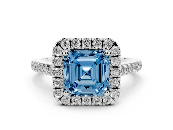 Fancy Blue Asscher Cut Halo Pavé Diamond Engagement Ring with Four-Prong Setting Platinum