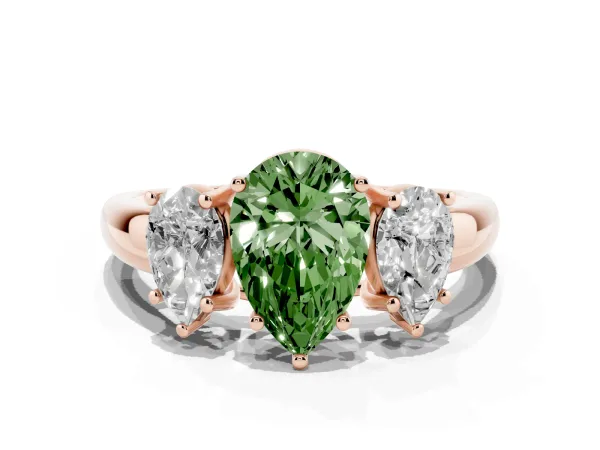 Fancy Green Three-Stone Pear Cut Diamond Engagement Ring with Prong Setting Rose gold