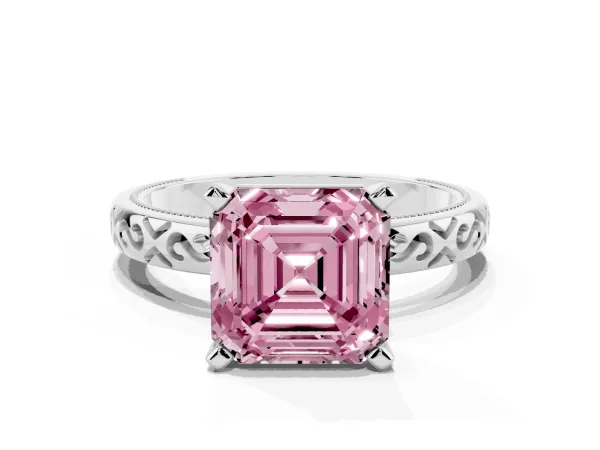 Fancy Pink Asscher Cut Solitaire Engagement Ring with Scrollwork Band and Four-Prong Setting White gold