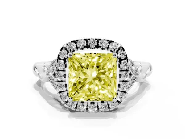 Fancy Yellow Princess Cut Halo Diamond Engagement Ring with Vintage-Inspired Band and Four-Prong Setting Platinum