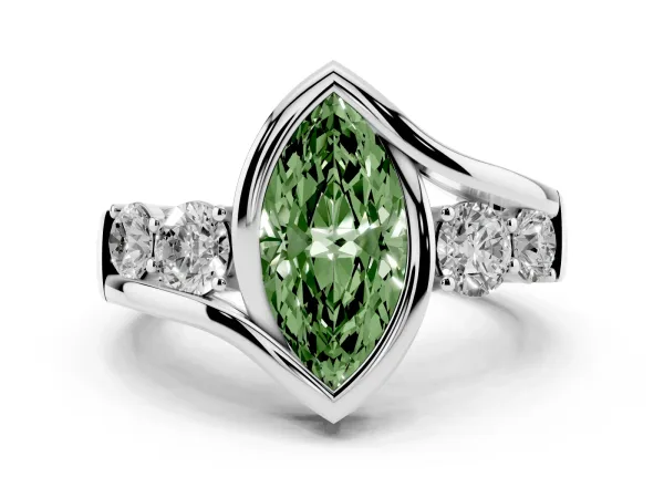Fancy Green Bezel Set Marquise Cut Diamond Bypass Ring with Round Accents Platinum