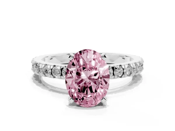 Fancy Pink Oval Cut Diamond Pavé Band Solitaire with Four-Prong Setting Platinum