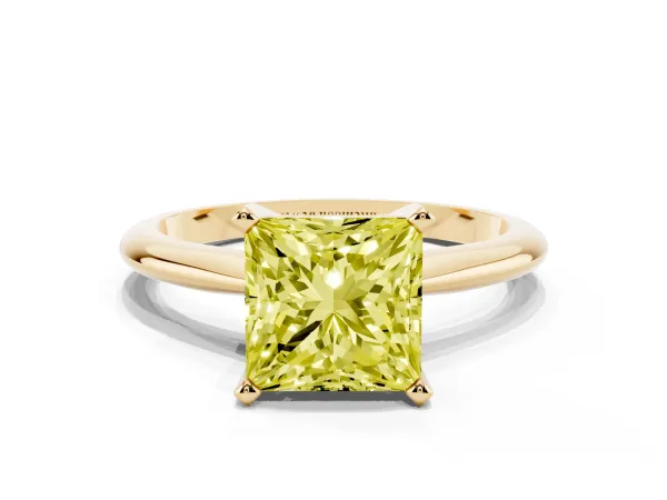 Fancy Yellow Princess Cut Cut Solitaire Ring with Four-Prong Setting on a Classic Band Yellow gold