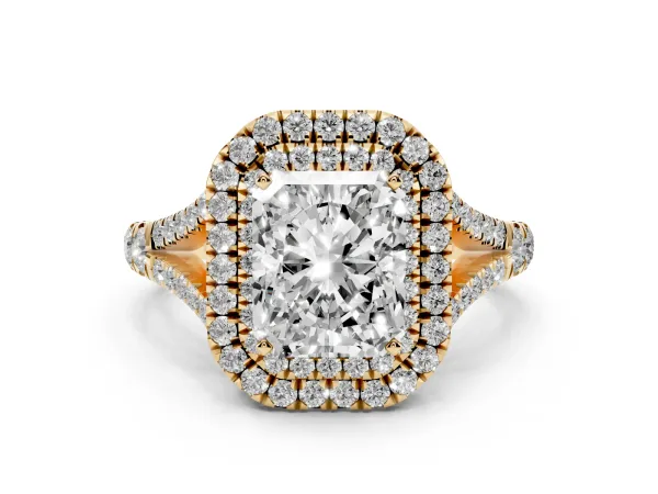 Radiant Cut Diamond Double Halo Ring with Split Shank and Prong Setting Yellow gold