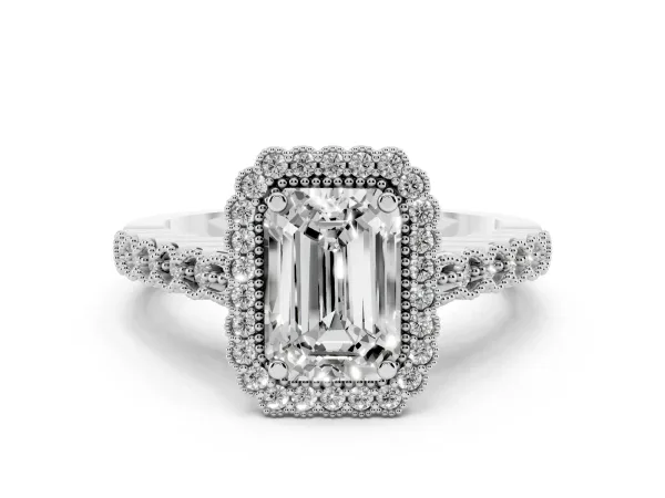 Emerald Cut Cut Halo Pavé Solitaire Ring with Milgrain Band Platinum