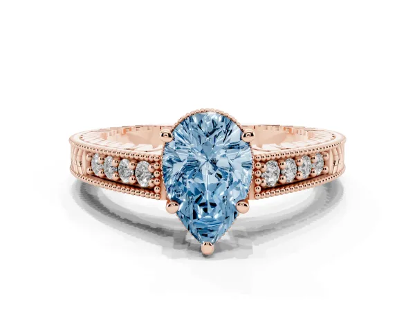 Fancy Blue Pear Cut Solitaire Pavé Diamond Milgrain Engagement Ring with Four-Prong Setting Rose gold