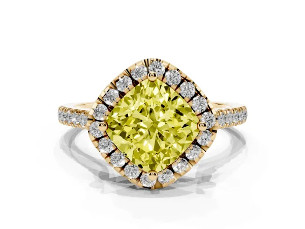 Fancy Yellow Cushion Cut Diamond Cushion Halo Ring with Pavé Band Yellow gold