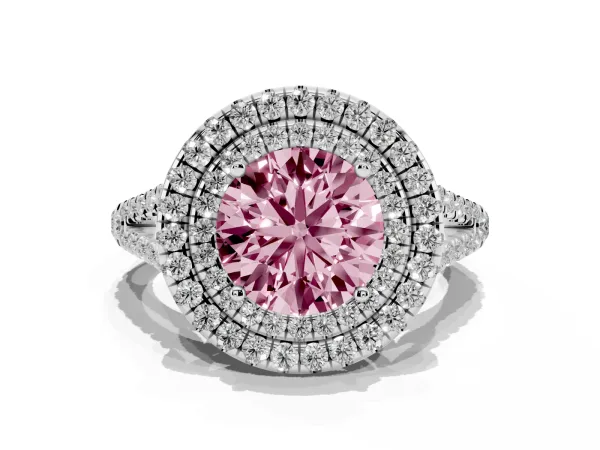 Fancy Pink Round Cut Diamond Double Halo Ring with Pavé Band and Prong Setting White gold