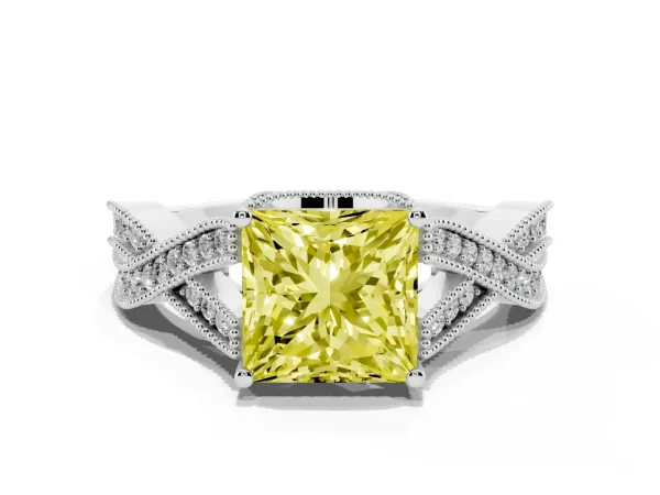 Fancy Yellow Princess Cut Cut Diamond Twisted Band with Milgrain Pave Setting and Four-Prong Setting Platinum