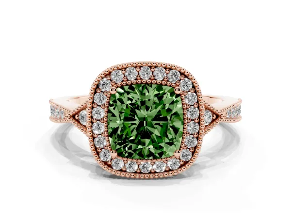 Fancy Green Cushion Cut Halo Round Diamond Milgrain Pave Engagement Ring Rose gold