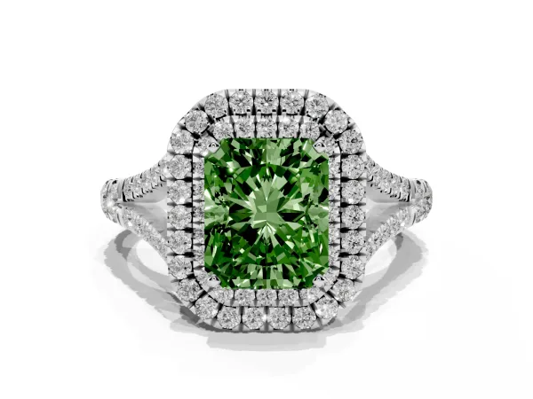 Fancy Green Radiant Cut Diamond Pavé Split Shank Double Halo Engagement Ring Platinum