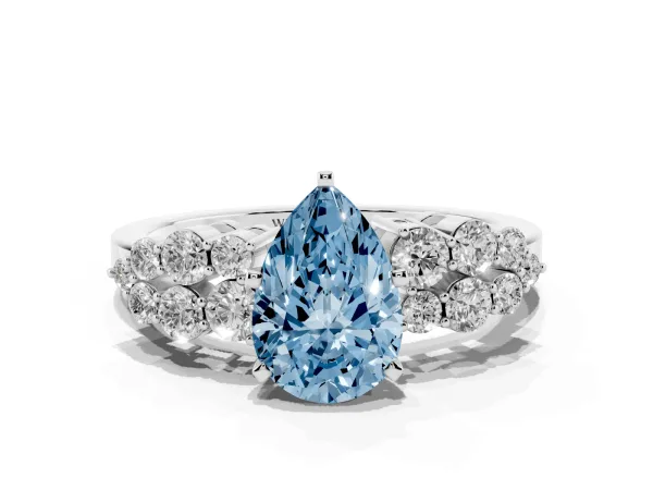 Fancy Blue Pear Cut Cluster Diamond Engagement Ring with Pavé Band and Four-Prong Setting Platinum