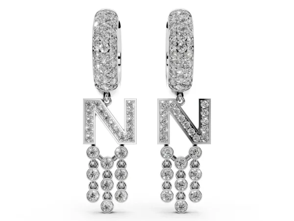 Round Diamond Initial N Huggie Hoop Earrings Platinum