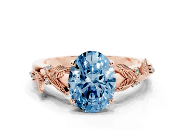 Fancy Blue Oval Cut Diamond Solitaire Ring with Leaf Motif Band and Four-Prong Setting Rose gold