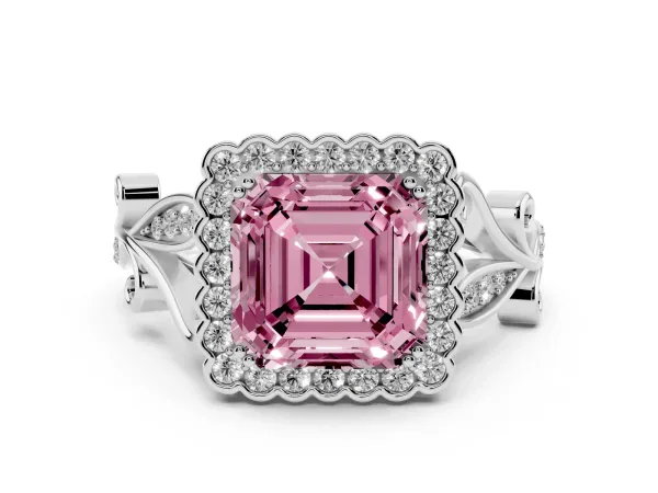 Fancy Pink Asscher Cut Diamond Halo Ring with Vintage Split Shank and Four-Prong Setting Platinum
