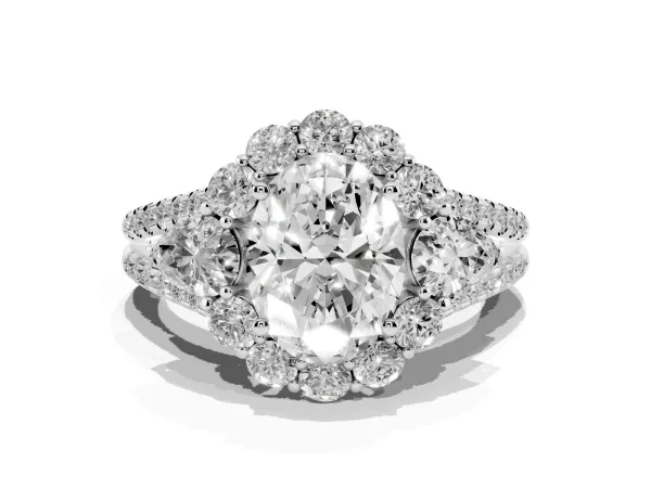 Oval Cut Halo Split Shank Diamond Engagement Ring with Prong Setting Platinum
