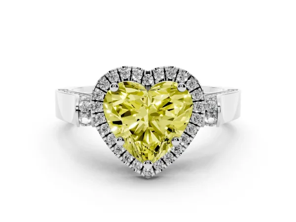 Fancy Yellow Heart Cut Halo Round Diamond Twist Band with Four-Prong Setting White gold