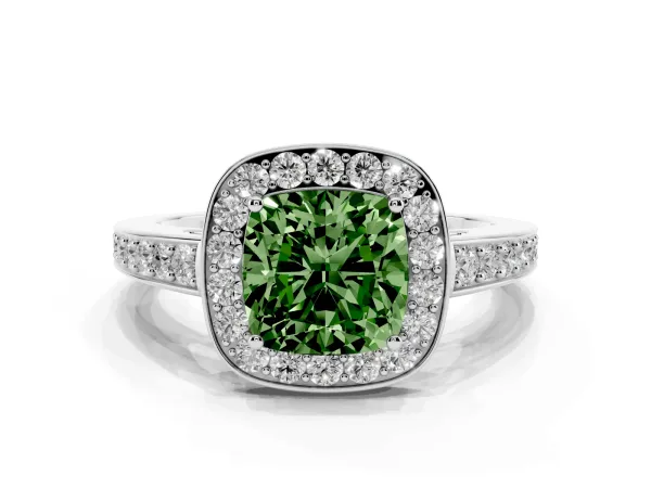 Fancy Green Cushion Cut Halo Pavé Diamond Engagement Ring with Bezel Setting White gold