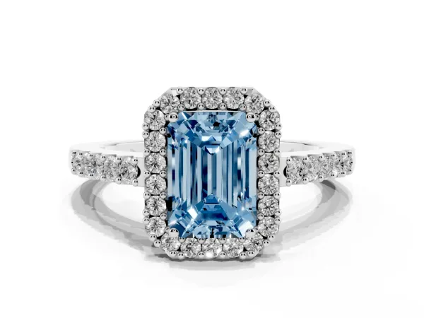 Fancy Blue Emerald Cut Halo Diamond Pavé Solitaire Ring White gold