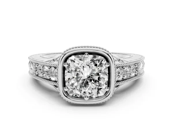 Bezel Set Cushion Cut Diamond Milgrain Pave Engagement Ring Platinum