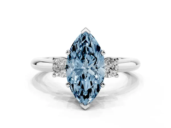 Fancy Blue Three-Stone Marquise Cut Cut Diamond Solitaire with Prong Setting and Classic Band Platinum