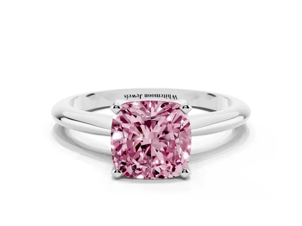Fancy Pink Cushion Cut Cut Solitaire Ring with Four-Prong Setting on a Classic Band White gold