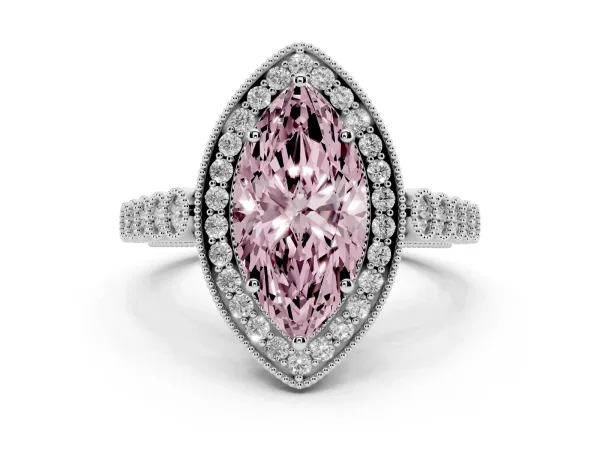 Fancy Pink Marquise Cut Halo Milgrain Solitaire with Bezel Set Side Stones and Pave Band White gold