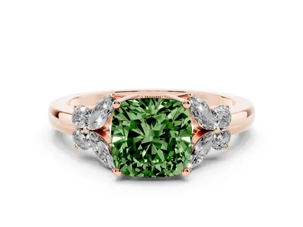 Fancy Green Cushion Cut Cut Solitaire Floral Diamond Ring with Four-Prong Setting Rose gold