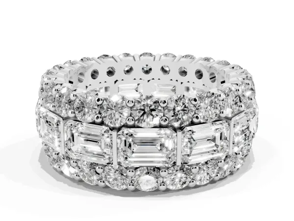 Emerald Cut and Round Diamond Three-Row Eternity Mens Band White gold