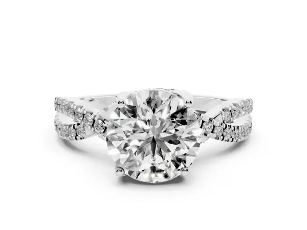 Round Cut Solitaire Twist Pave Diamond Engagement Ring with Prong Setting White gold