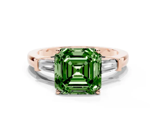 Fancy Green Asscher Cut Cut Diamond Solitaire Ring with Tapered Baguette Accents and Four-Prong Setting Rose gold