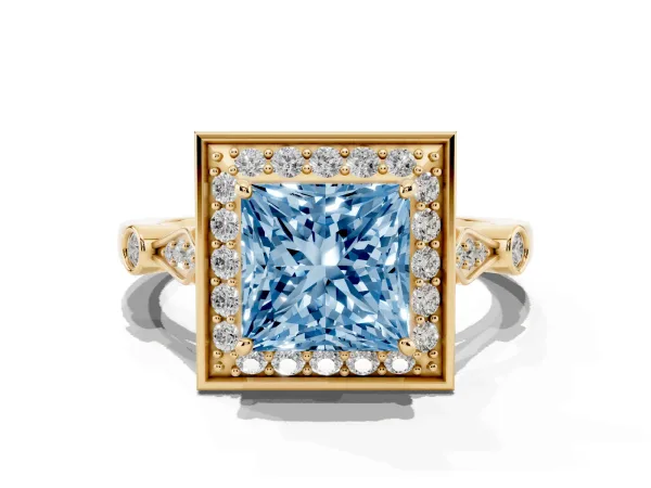 Fancy Blue Princess Cut Halo Diamond Engagement Ring with Twisted Band and Four-Prong Setting Yellow gold