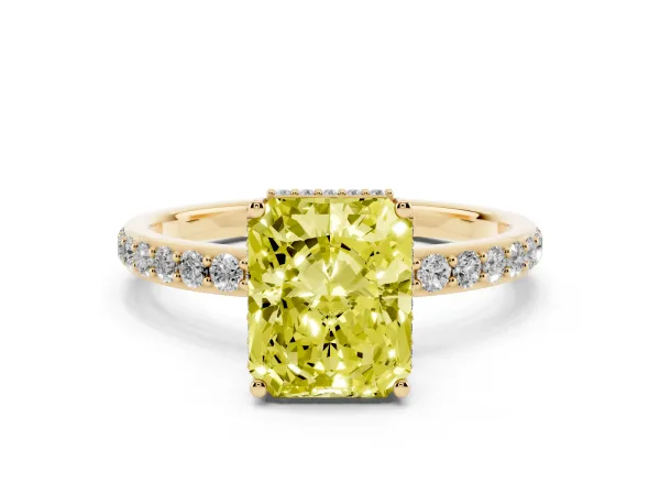 Fancy Yellow Radiant Cut Diamond Solitaire Ring with Pavé Band and Hidden Halo Yellow gold