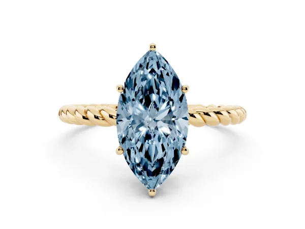 Fancy Blue Marquise Cut Solitaire Twist Band Ring with Four-Prong Setting Yellow gold