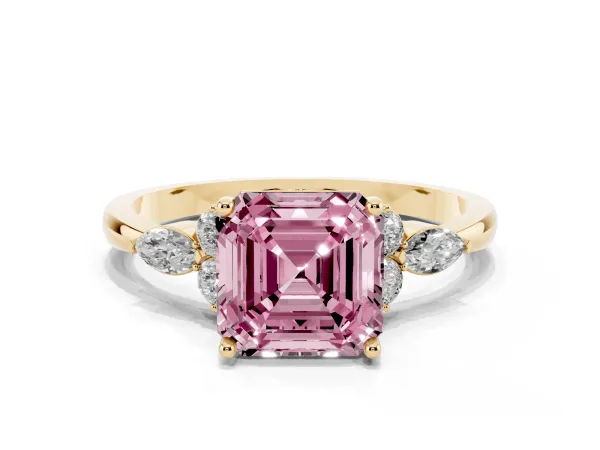 Fancy Pink Asscher Cut Brilliant Diamond Solitaire Ring with Pear Side Stones and Four-Prong Setting Yellow gold