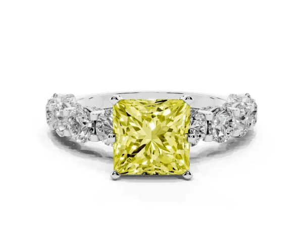 Fancy Yellow Princess Cut Diamond Side Stone Engagement Ring with Four-Prong Setting Platinum