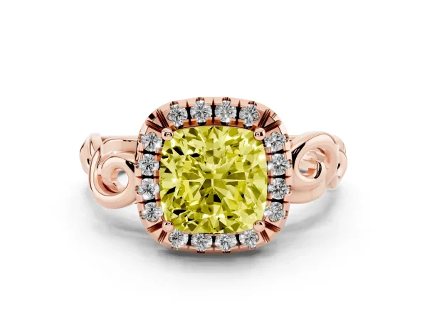 Fancy Yellow Cushion Cut Cut Halo Diamond Ring with Scrollwork Band and Four-Prong Setting Rose gold