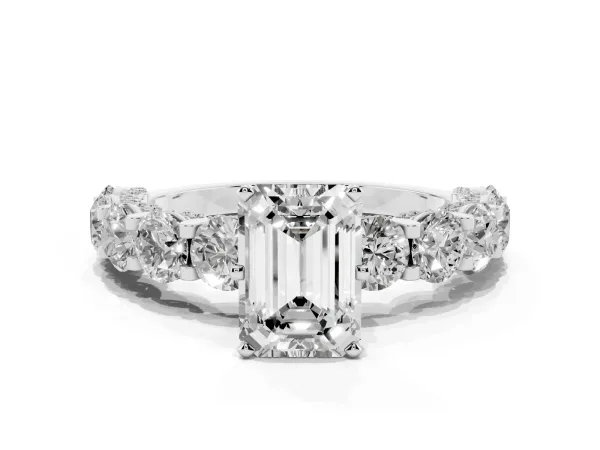 Emerald Cut Diamond Side Stone Engagement Ring with Four-Prong Setting Platinum
